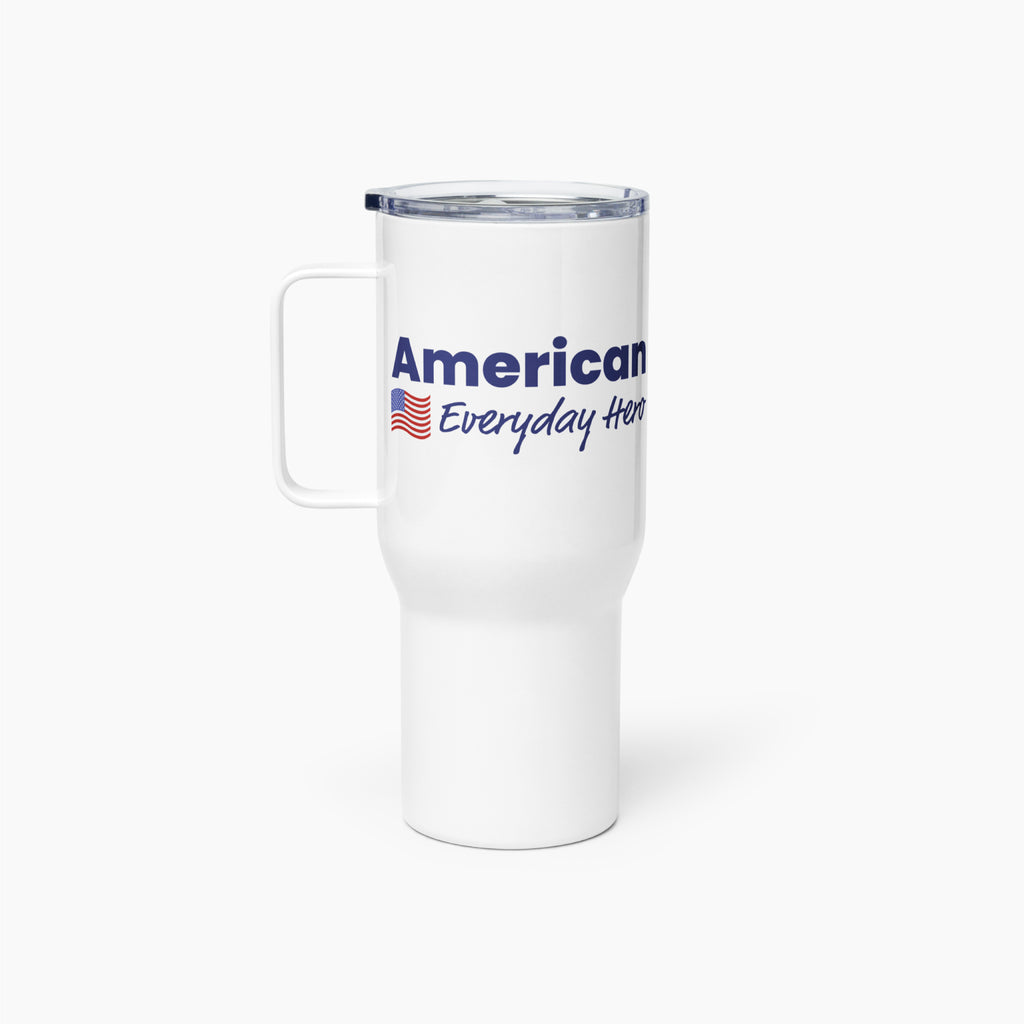 White travel mug with 'American Everyday Hero' text and flag on a white background