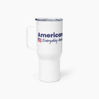 White travel mug with 'American Everyday Hero' text and flag on a white background
