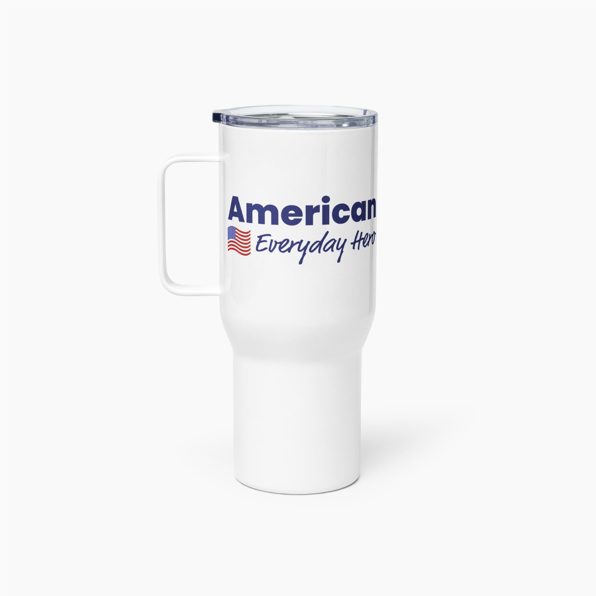 White travel mug with 'American Everyday Hero' text and flag on a white background
