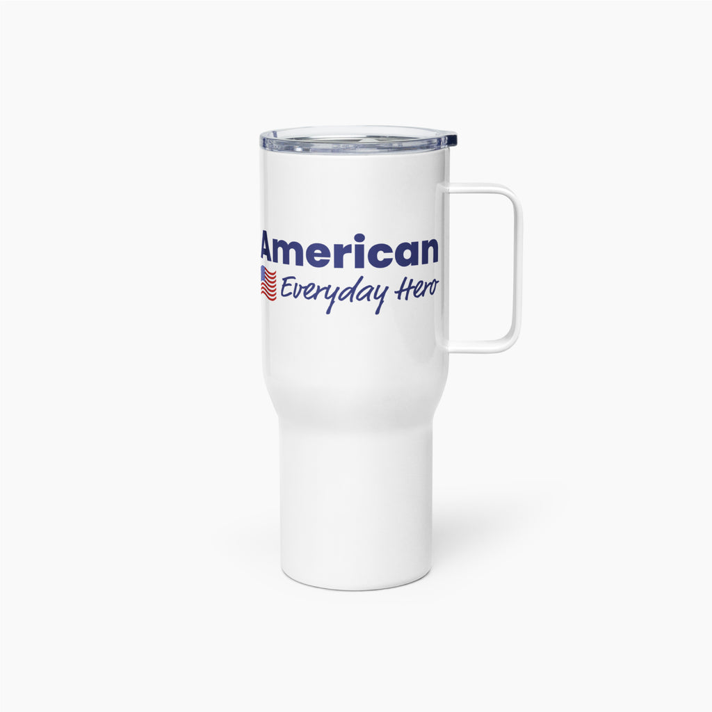 White travel mug with 'American Everyday Hero' text on a white background