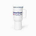 White travel mug with 'American Everyday Hero' text on a white background