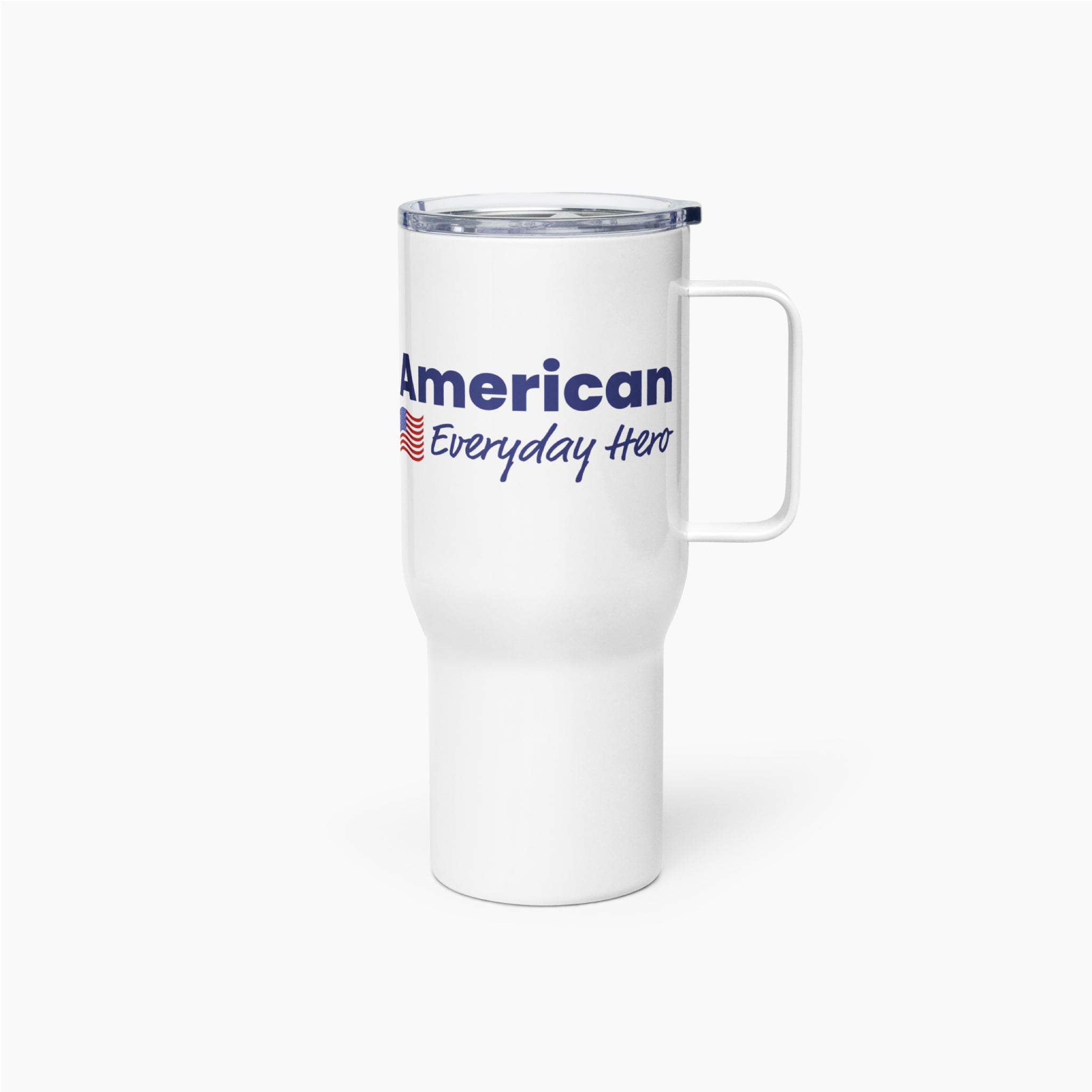 White travel mug with 'American Everyday Hero' text on a white background