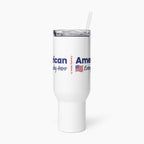 White travel mug with text and an American flag on a white background