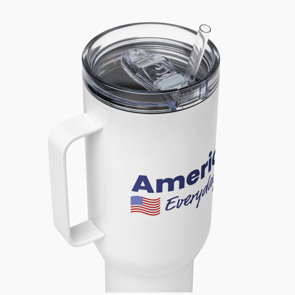 White travel mug with 'America Everyday' text and American flag on a white background