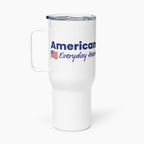 White travel mug with 'American Everyday Hero' text and flag on a white background