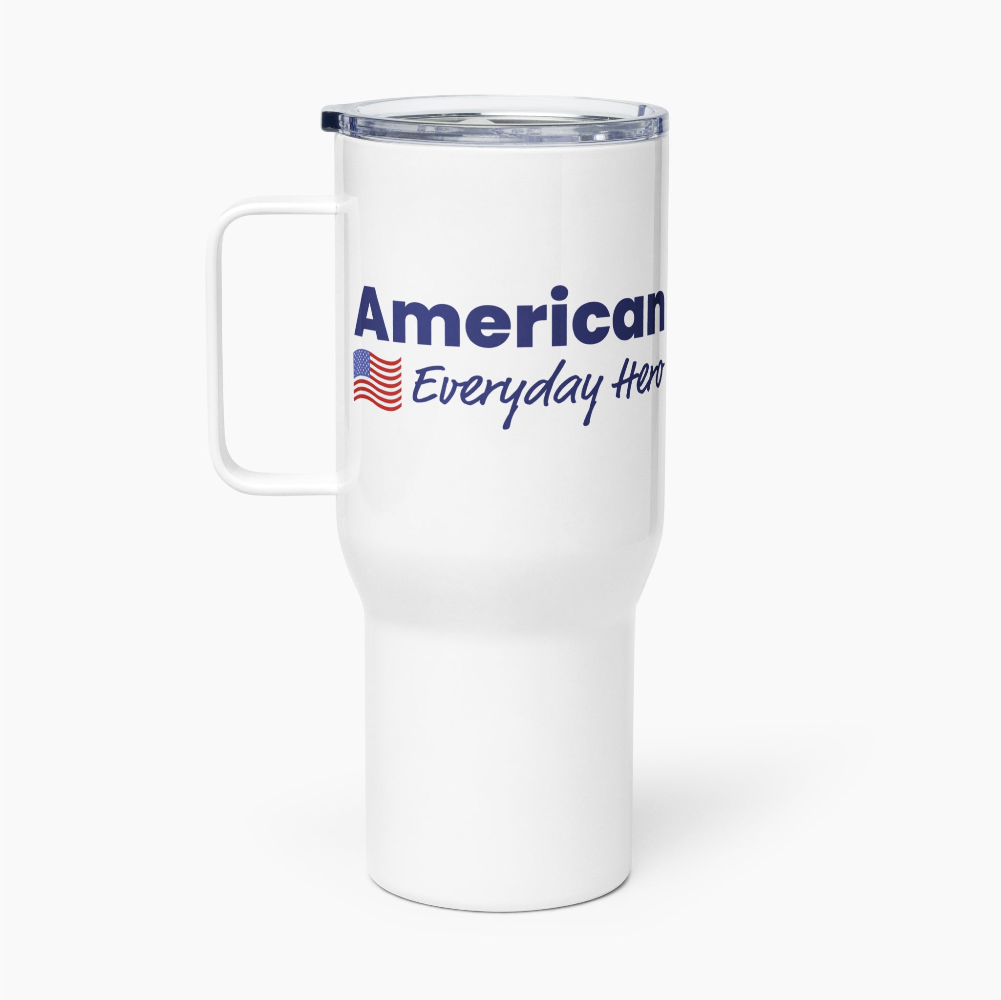 White travel mug with 'American Everyday Hero' text and flag on a white background