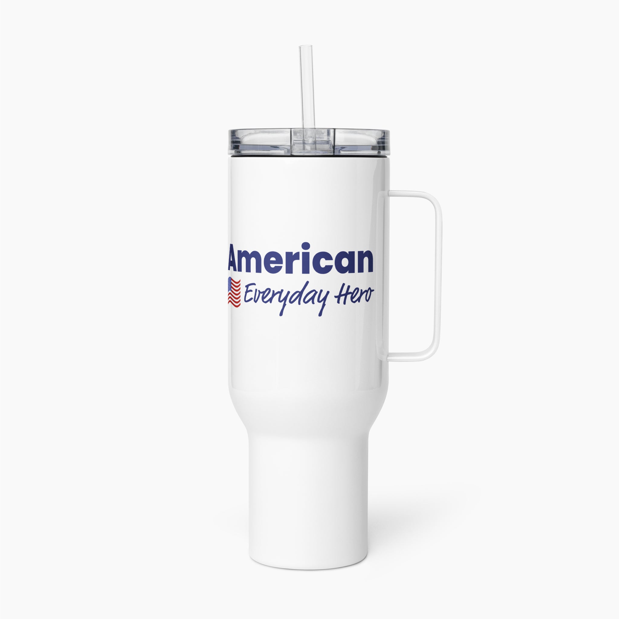 White Travel mug with 'American Everyday Hero' text on a white background