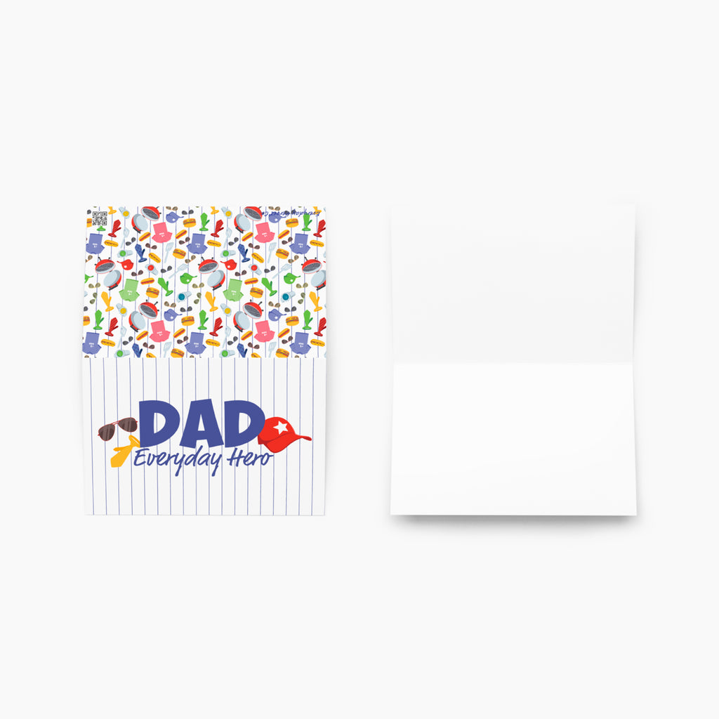 Card front, back, and inside with colorful dad-themed design and 'Dad Everyday Hero' text on a white background