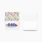 Card front, back, and inside with colorful dad-themed design and 'Dad Everyday Hero' text on a white background