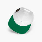 Underside of dad-themed flat billed cap on a white backgroudn