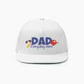 White flat billed cap with 'DAD Everyday Hero' text on a white background