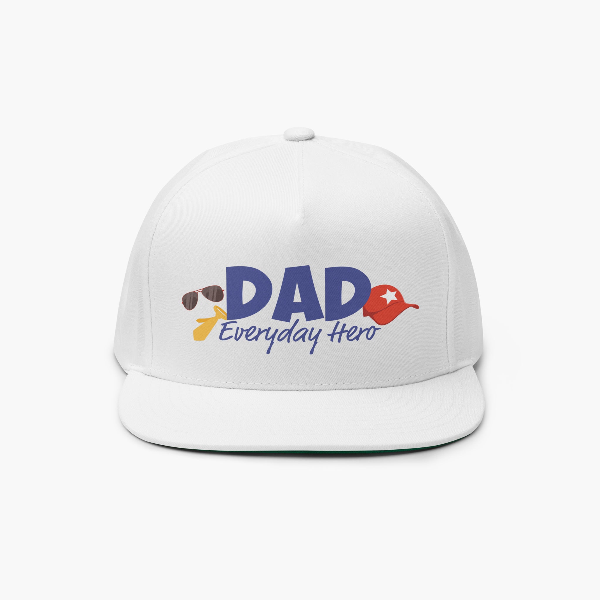 White flat billed cap with 'DAD Everyday Hero' text on a white background