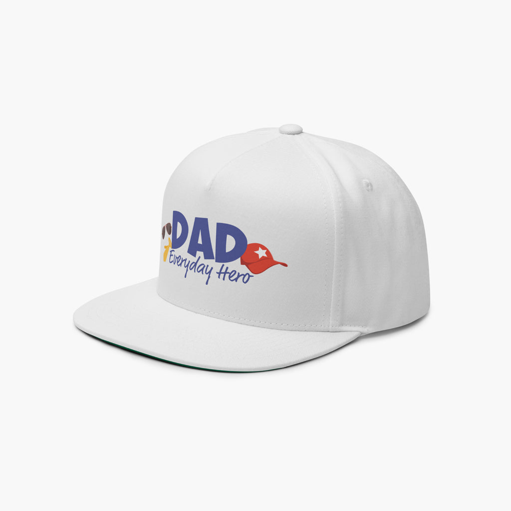 White flat billed cap with 'DAD Everyday Hero' text and graphics on a white background