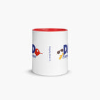 Mug with red handle and interior featuring 'Dad Everyday Hero' text and colorful flowers on a white background