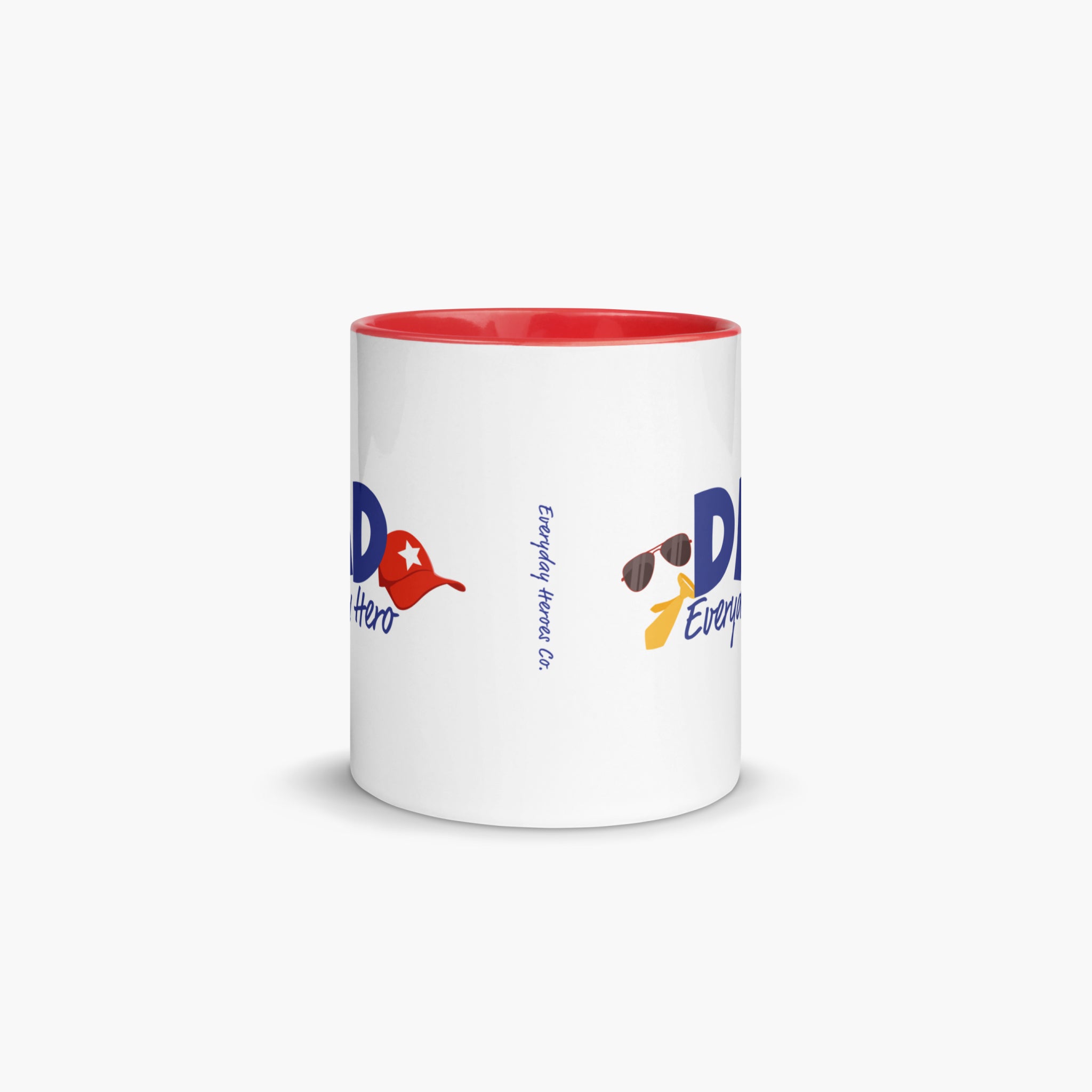 Mug with red handle and interior featuring 'Dad Everyday Hero' text and colorful flowers on a white background