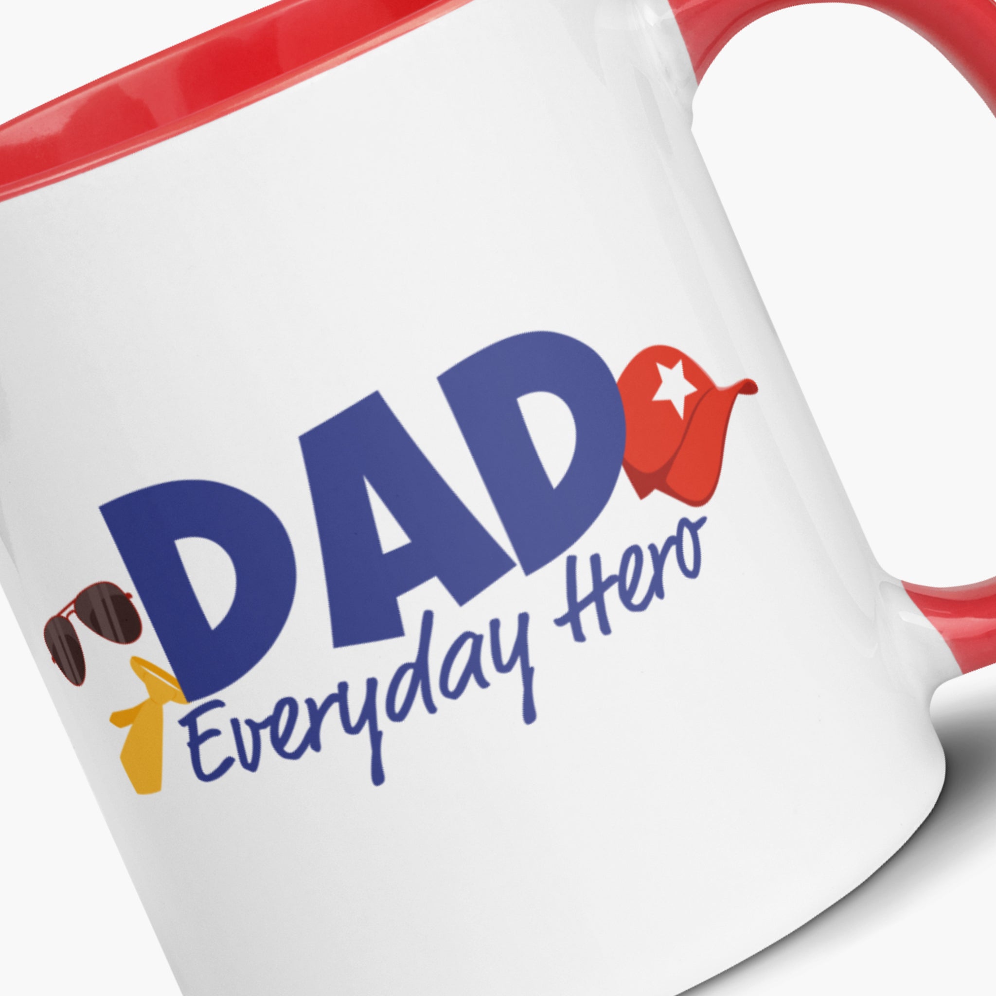 Mug with red handle and interior featuring 'Dad Everyday Hero' text and colorful flowers on a white background