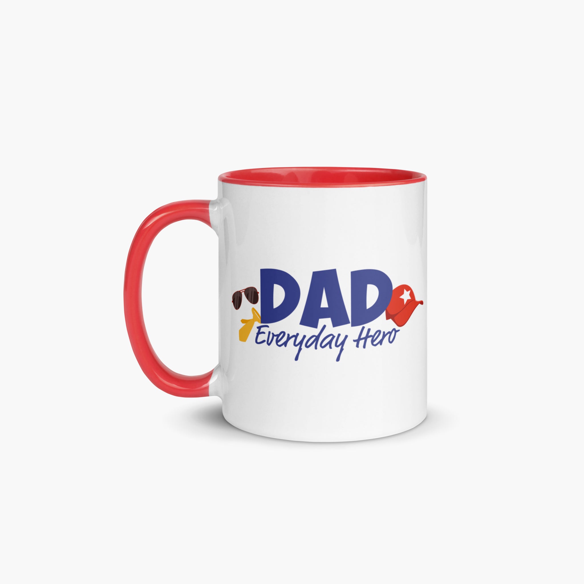Mug with red handle and interior featuring 'Dad Everyday Hero' text and colorful flowers on a white background