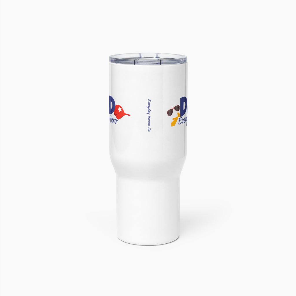 White travel mug with colorful floral design and 'Dad Everyday Hero' text on a white background