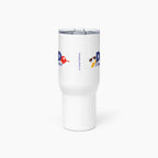 White travel mug with colorful floral design and 'Dad Everyday Hero' text on a white background