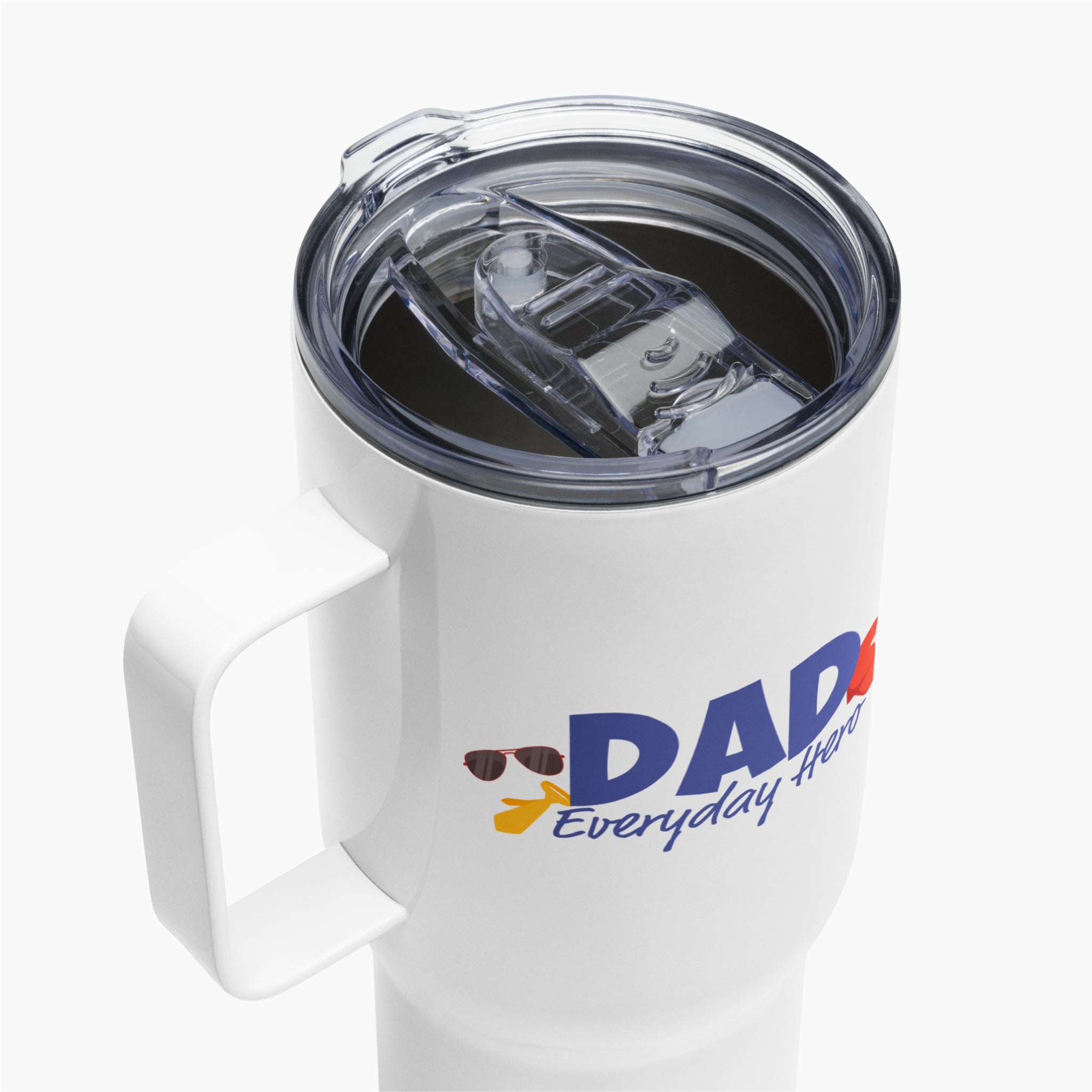 White travel mug with colorful floral design and 'Dad Everyday Hero' text on a white background