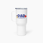 White travel mug with colorful floral design and 'Dad Everyday Hero' text on a white background