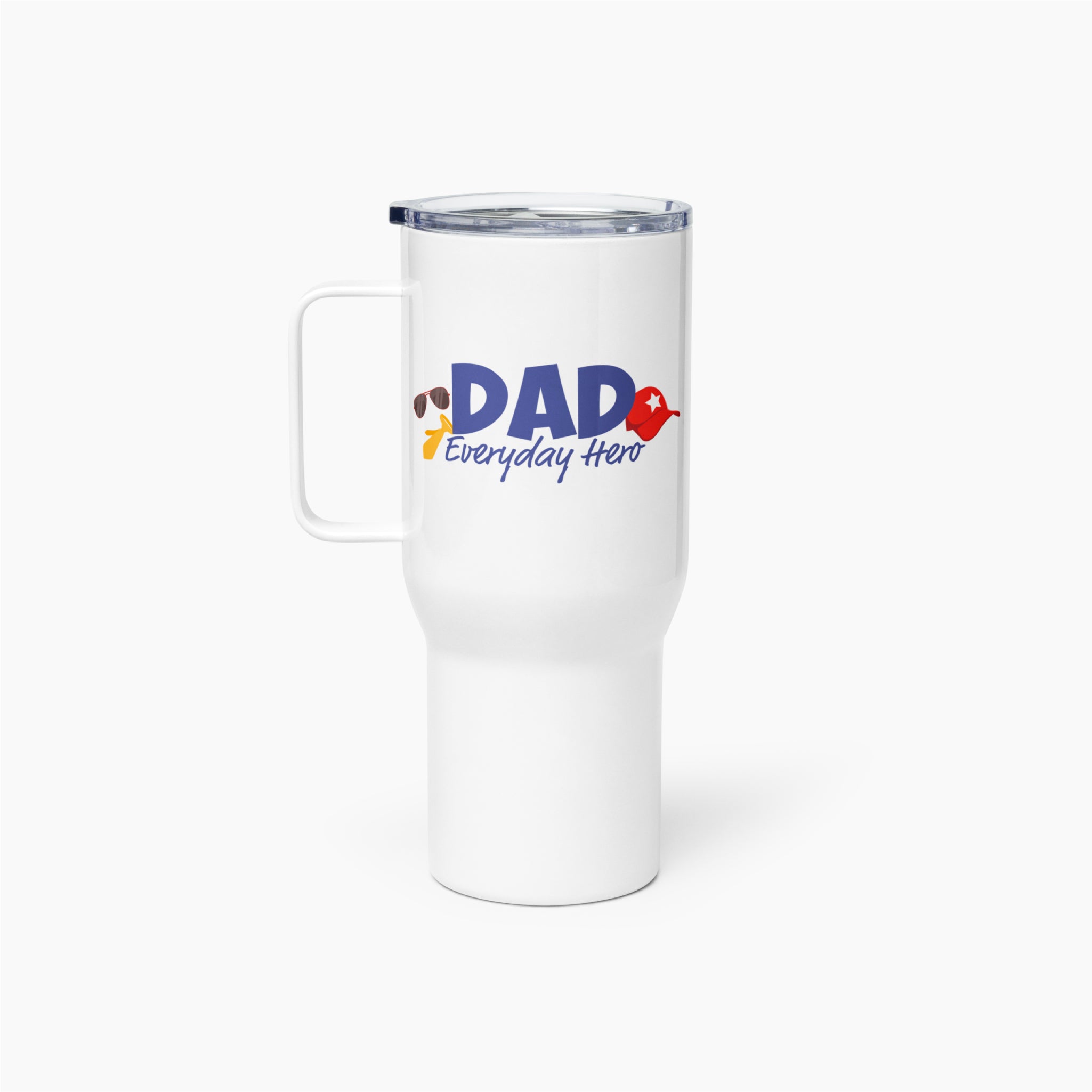 White travel mug with colorful floral design and 'Dad Everyday Hero' text on a white background