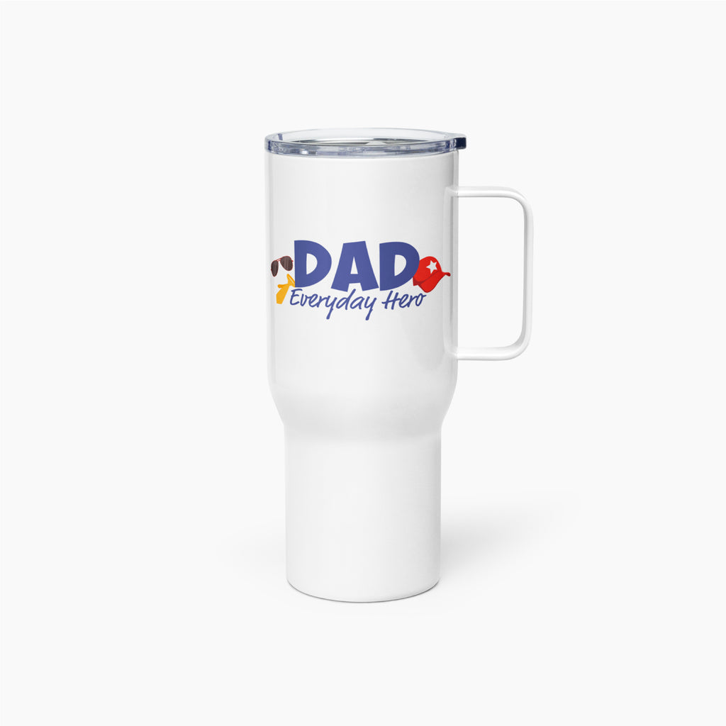 White travel mug with colorful floral design and 'Dad Everyday Hero' text on a white background