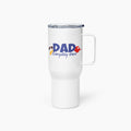 White travel mug with colorful floral design and 'Dad Everyday Hero' text on a white background