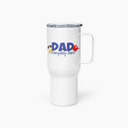 White travel mug with colorful floral design and 'Dad Everyday Hero' text on a white background