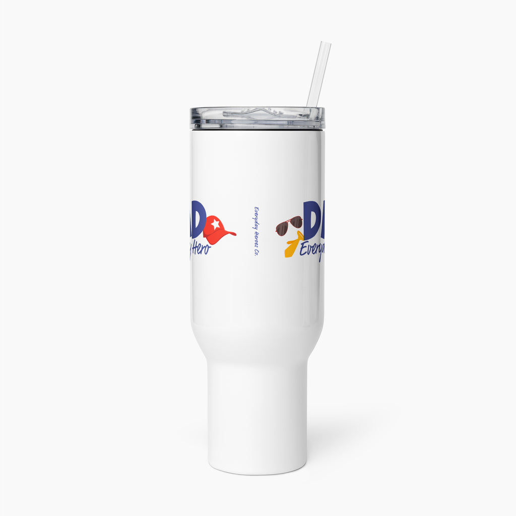 White travel mug with colorful floral design and 'Dad Everyday Hero' text on a white background
