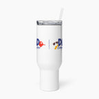 White travel mug with colorful floral design and 'Dad Everyday Hero' text on a white background