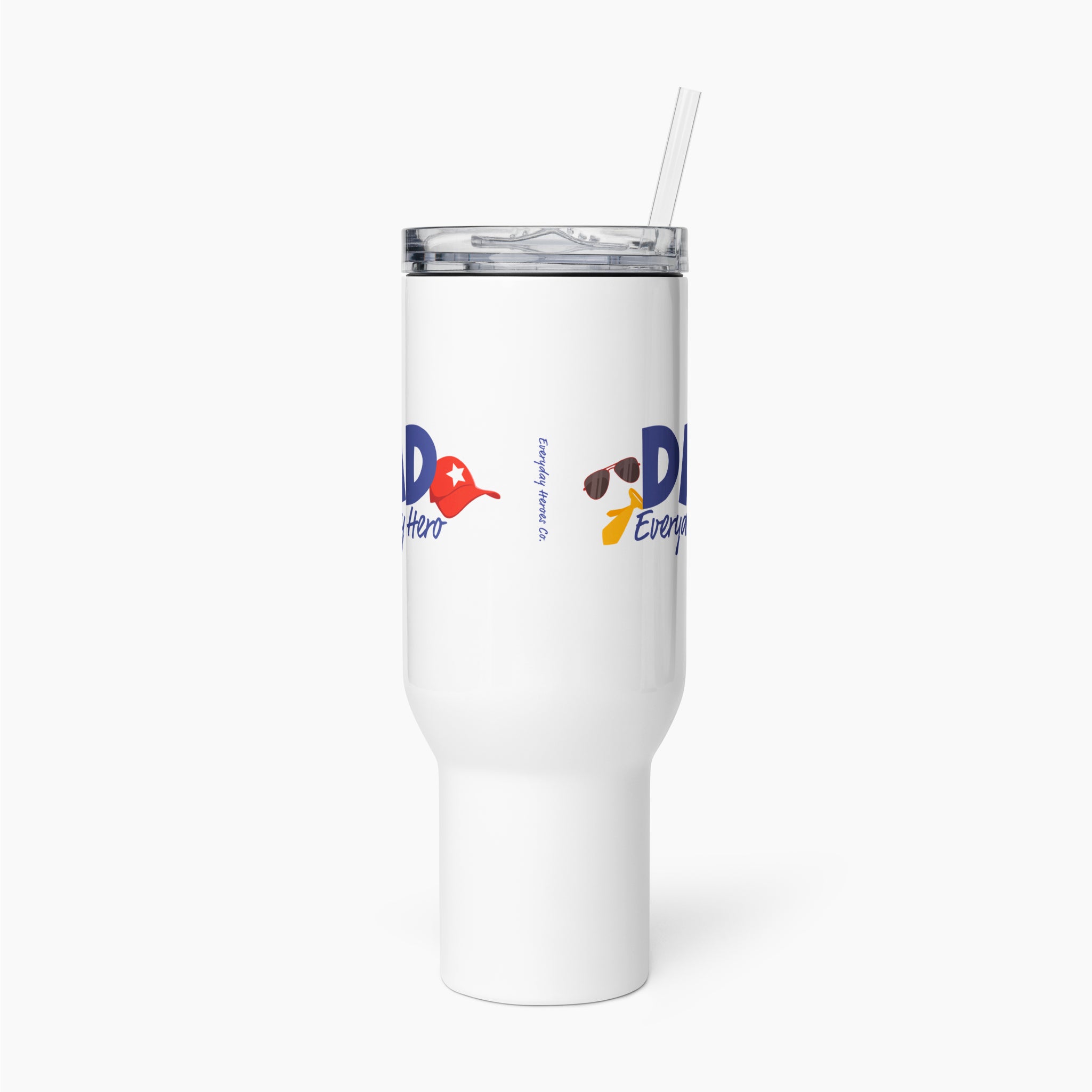 White travel mug with colorful floral design and 'Dad Everyday Hero' text on a white background