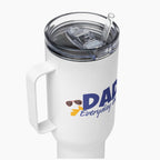 White travel mug with colorful floral design and 'Dad Everyday Hero' text on a white background