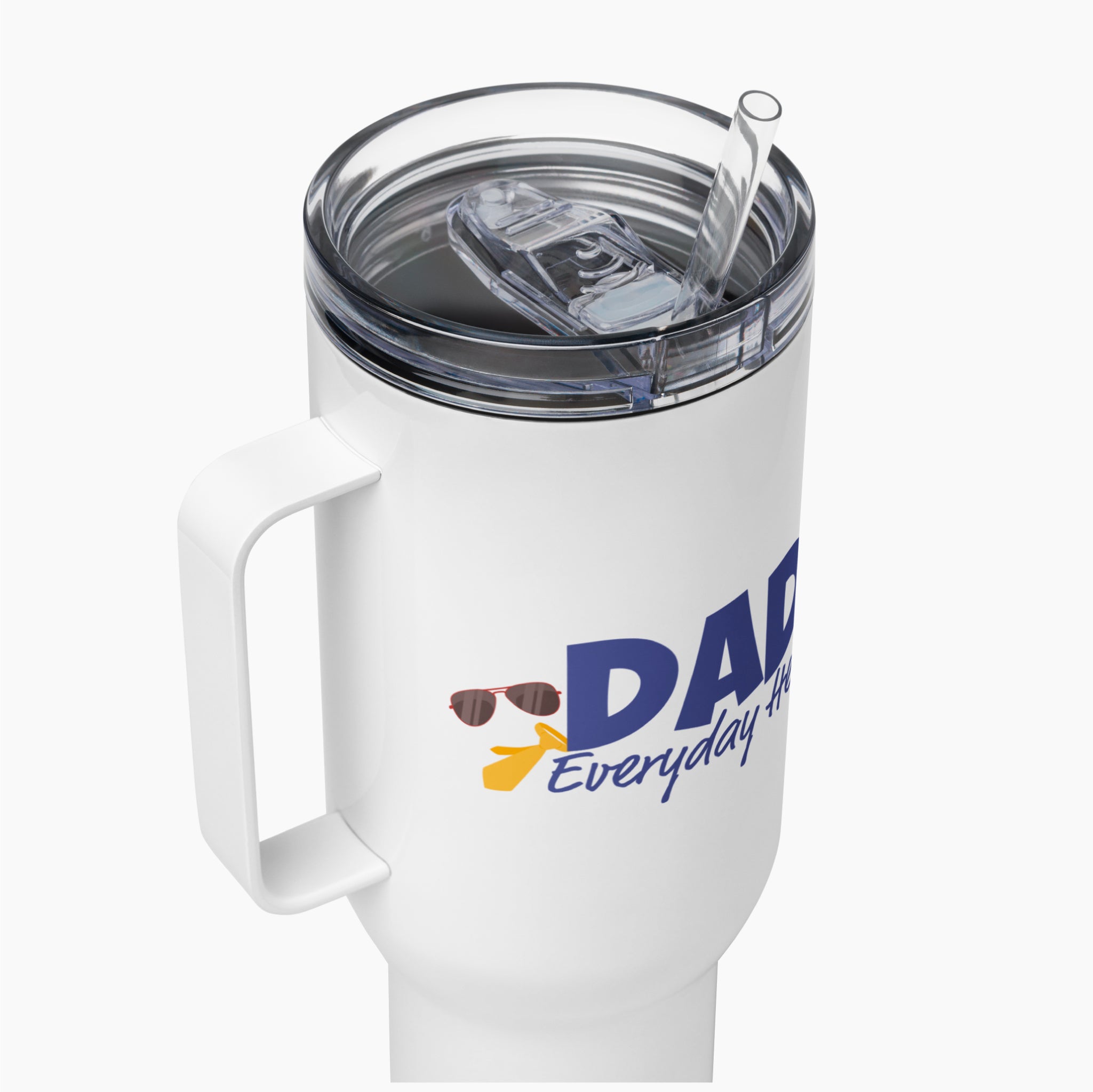 White travel mug with colorful floral design and 'Dad Everyday Hero' text on a white background