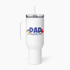 White travel mug with colorful floral design and 'Dad Everyday Hero' text on a white background