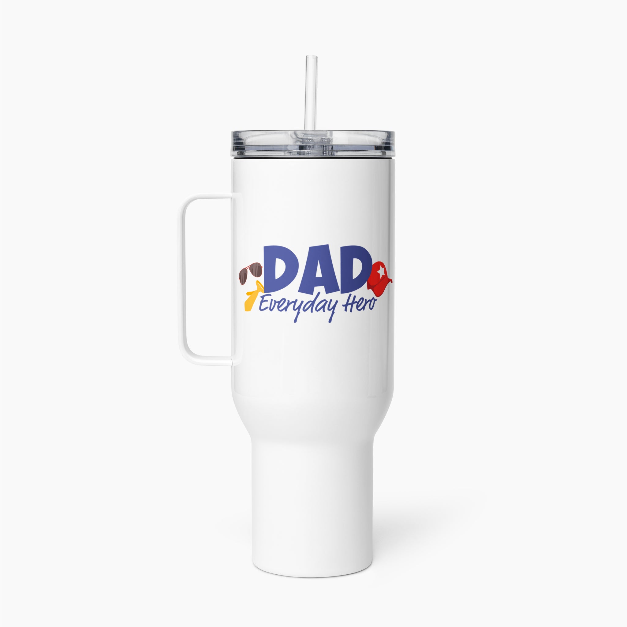 White travel mug with colorful floral design and 'Dad Everyday Hero' text on a white background