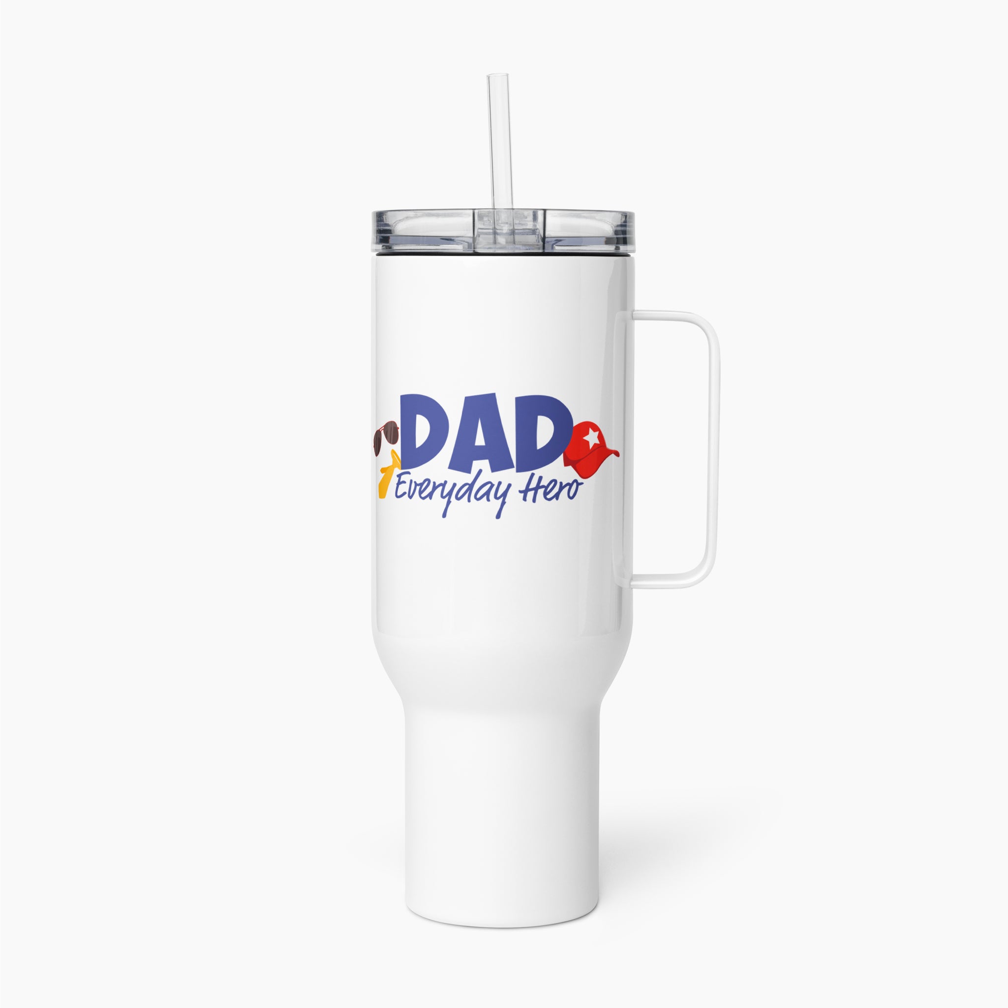 White travel mug with colorful floral design and 'Dad Everyday Hero' text on a white background