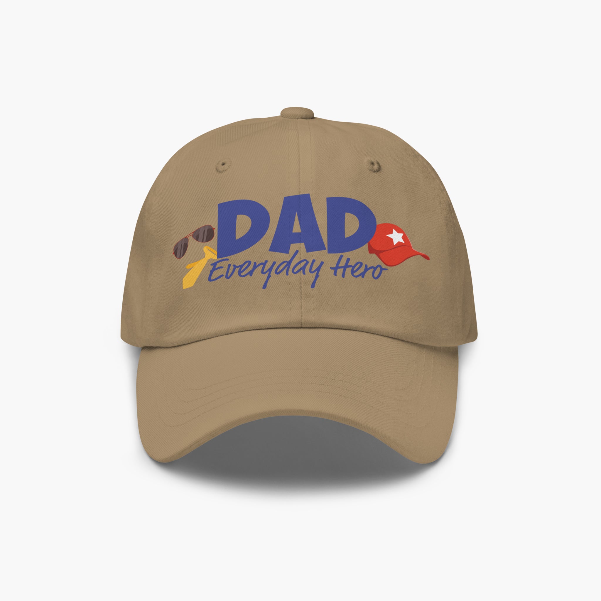 Khaki cap with 'DAD Everyday Hero' text and dad-themed graphics on a white background