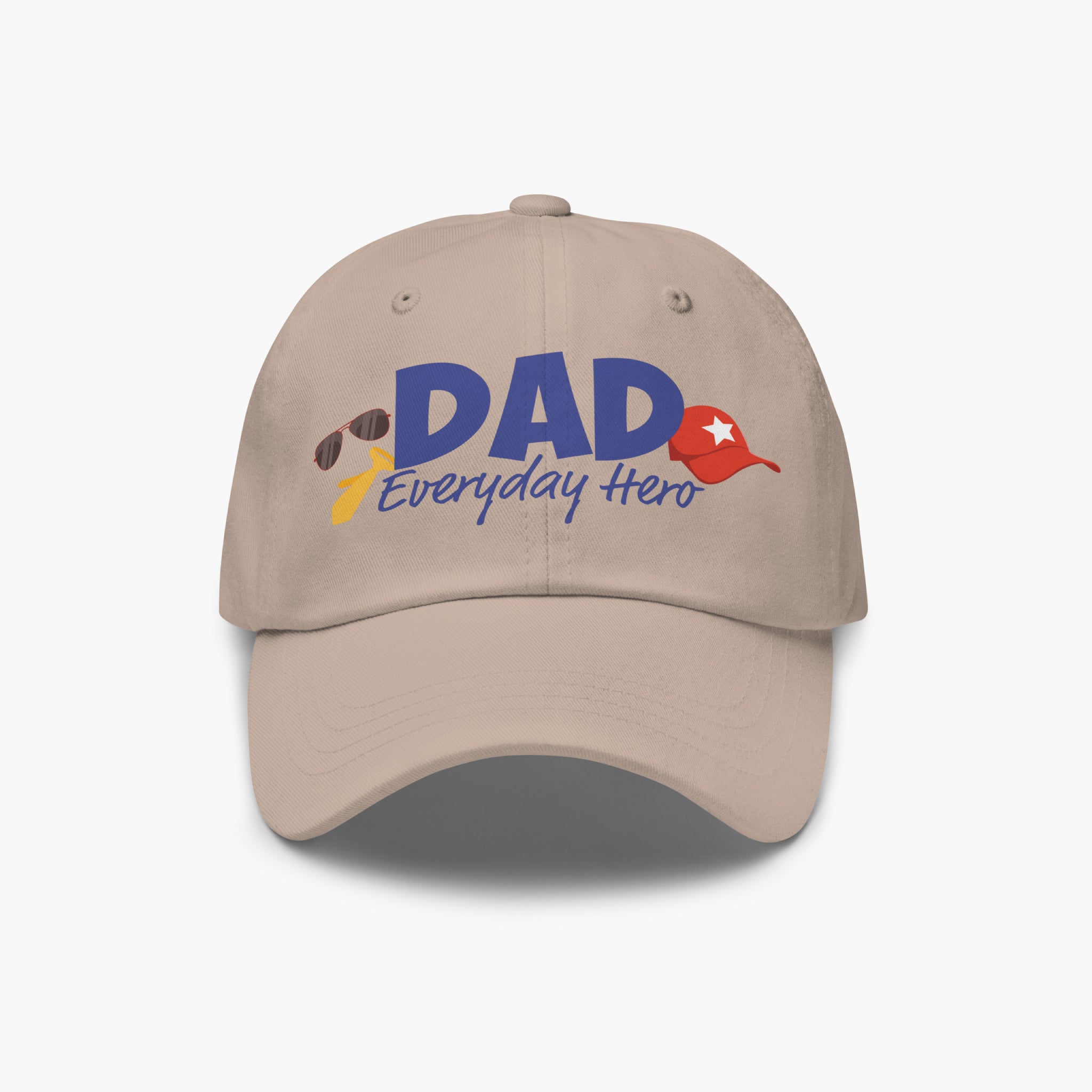 Sandstone colored cap with 'DAD Everyday Hero' text and dad-themed graphics on a white background