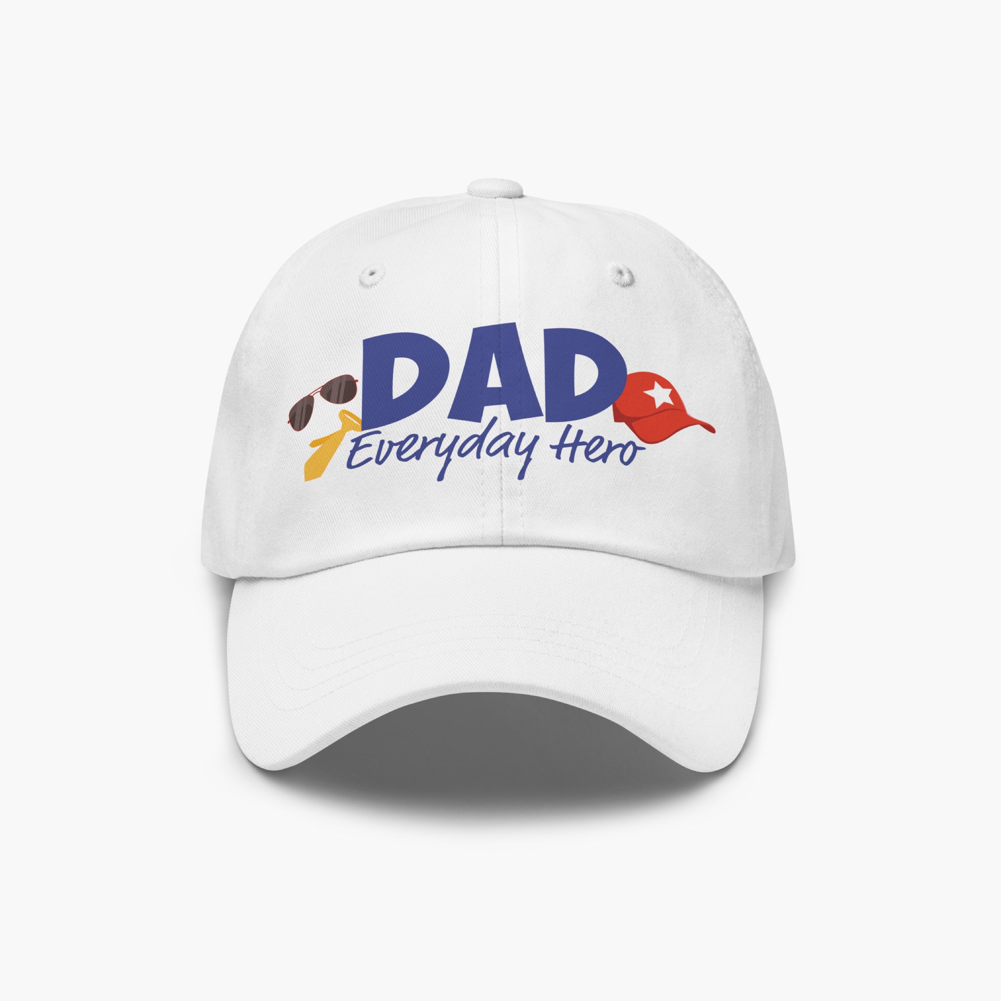 White cap with 'DAD Everyday Hero' text and dad-themed graphics on a white background