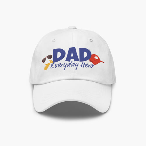 White cap with 'DAD Everyday Hero' text and dad-themed graphics on a white background