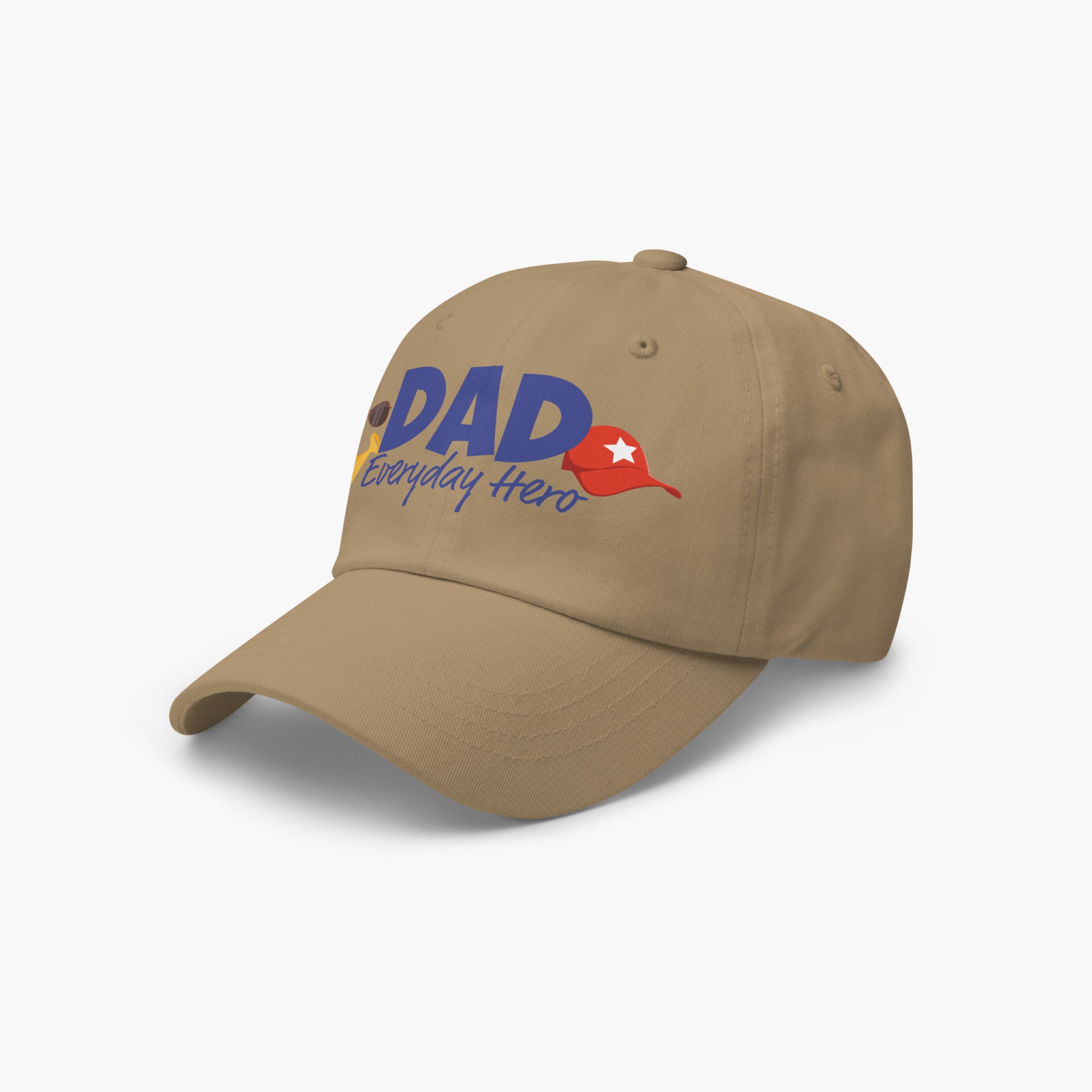 Khaki cap with 'DAD Everyday Hero' text and dad-themed graphics on a white background