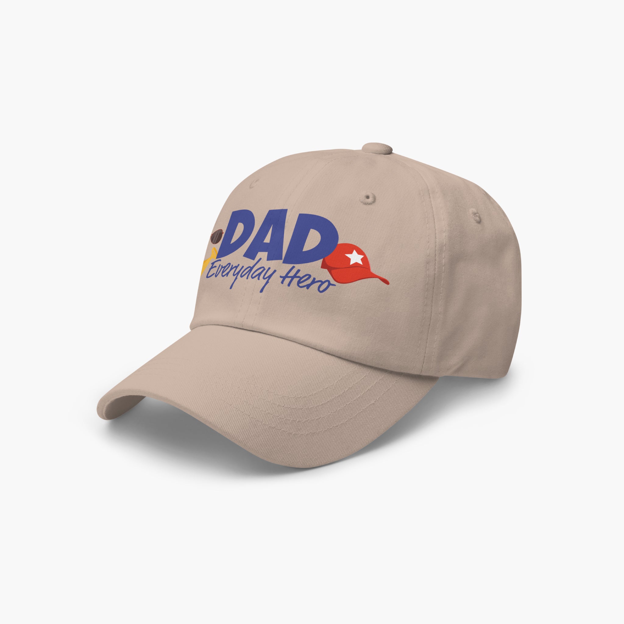 Sandstone colored cap with 'DAD Everyday Hero' text and dad-themed graphics on a white background