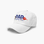 White cap with 'DAD Everyday Hero' text and dad-themed graphics on a white background