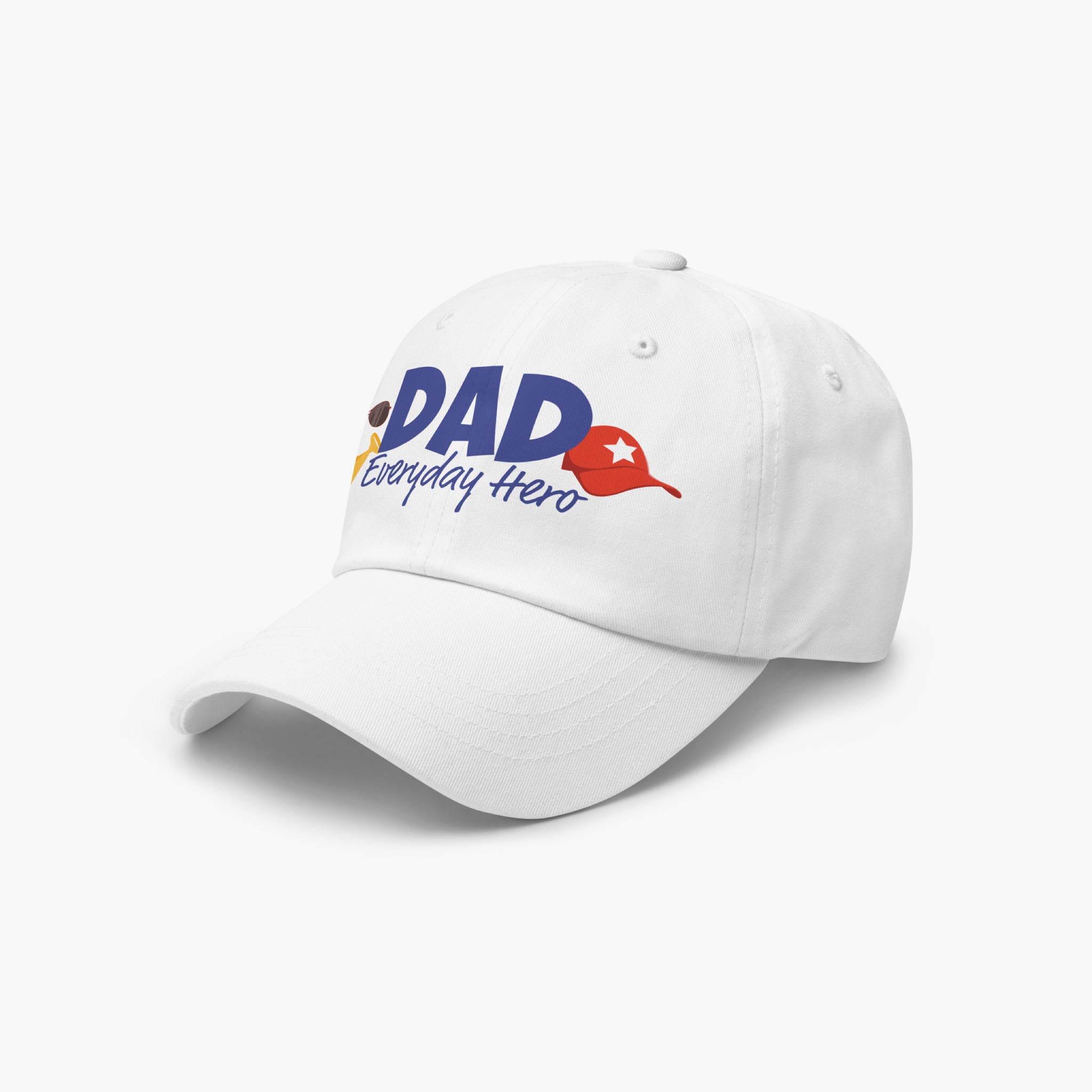 White cap with 'DAD Everyday Hero' text and dad-themed graphics on a white background