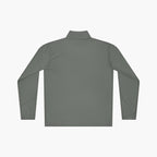 Back of grey long-sleeve quarter zip with 'Dad Everyday Hero' text and dad-themed design on a white background