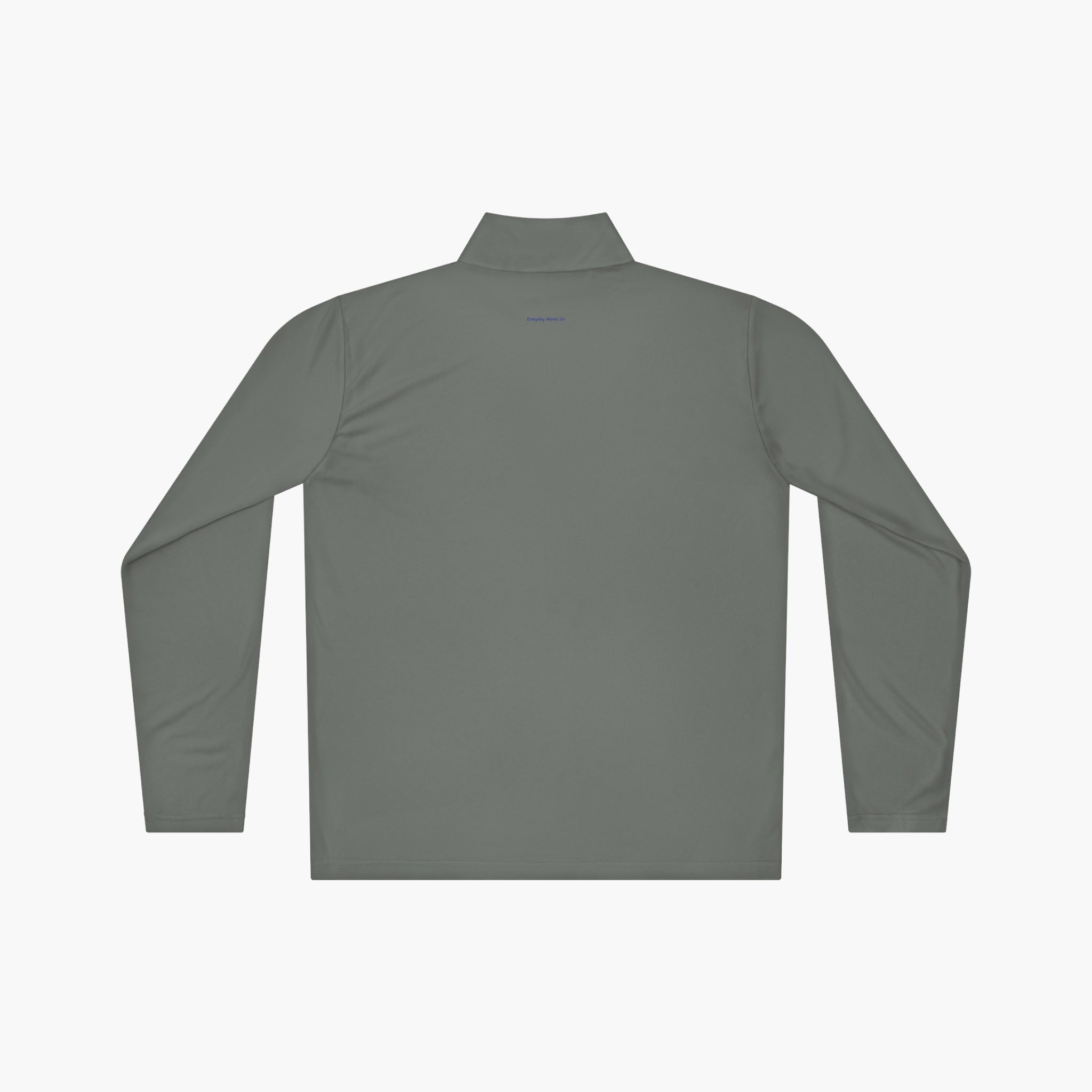 Back of grey long-sleeve quarter zip with 'Dad Everyday Hero' text and dad-themed design on a white background