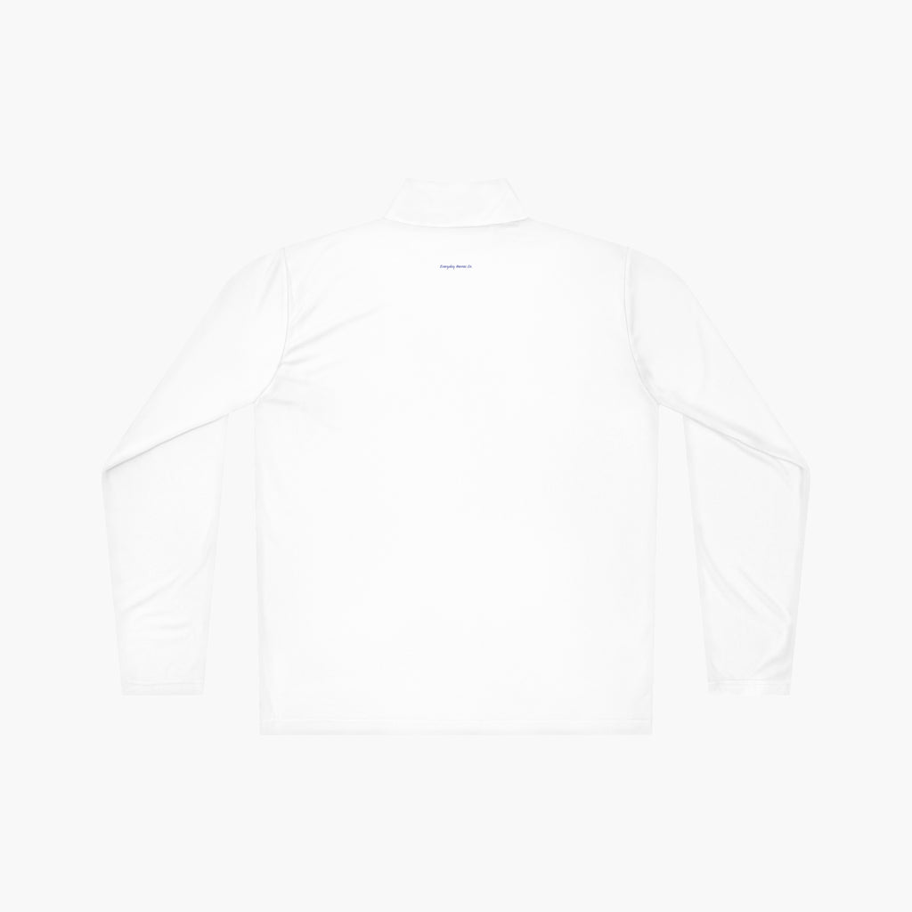 Back of White long-sleeve quarter zip with 'Dad Everyday Hero' text and dad-themed design on a white background