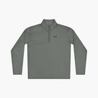 Grey long-sleeve quarter zip with 'Dad Everyday Hero' text and dad-themed design on a white background