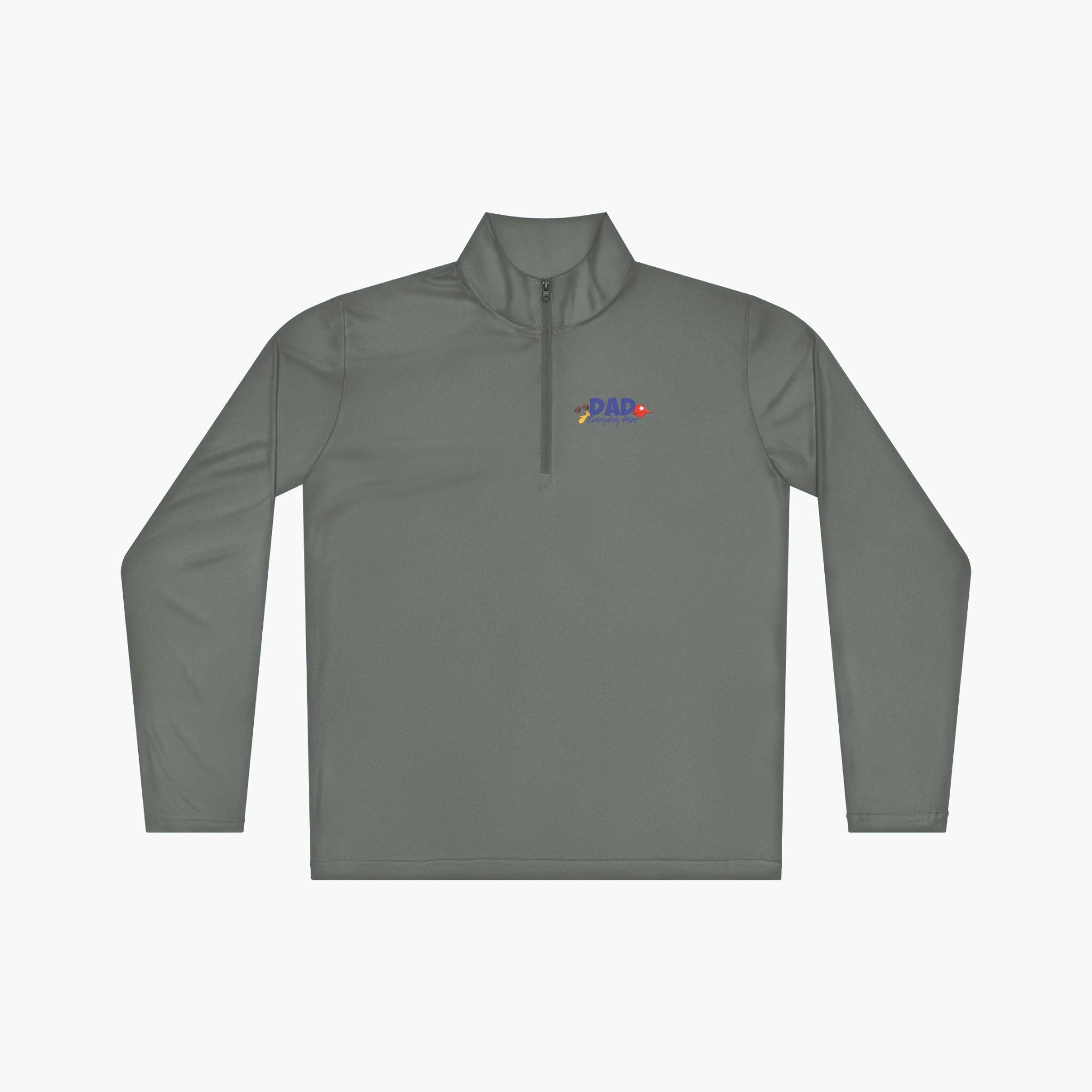 Grey long-sleeve quarter zip with 'Dad Everyday Hero' text and dad-themed design on a white background
